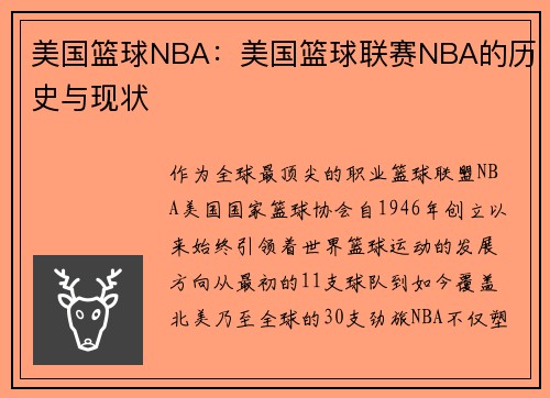 美国篮球NBA：美国篮球联赛NBA的历史与现状