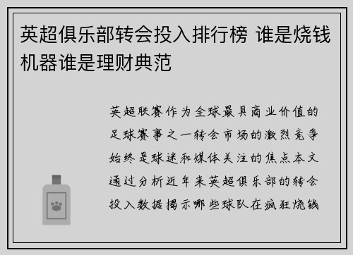 英超俱乐部转会投入排行榜 谁是烧钱机器谁是理财典范